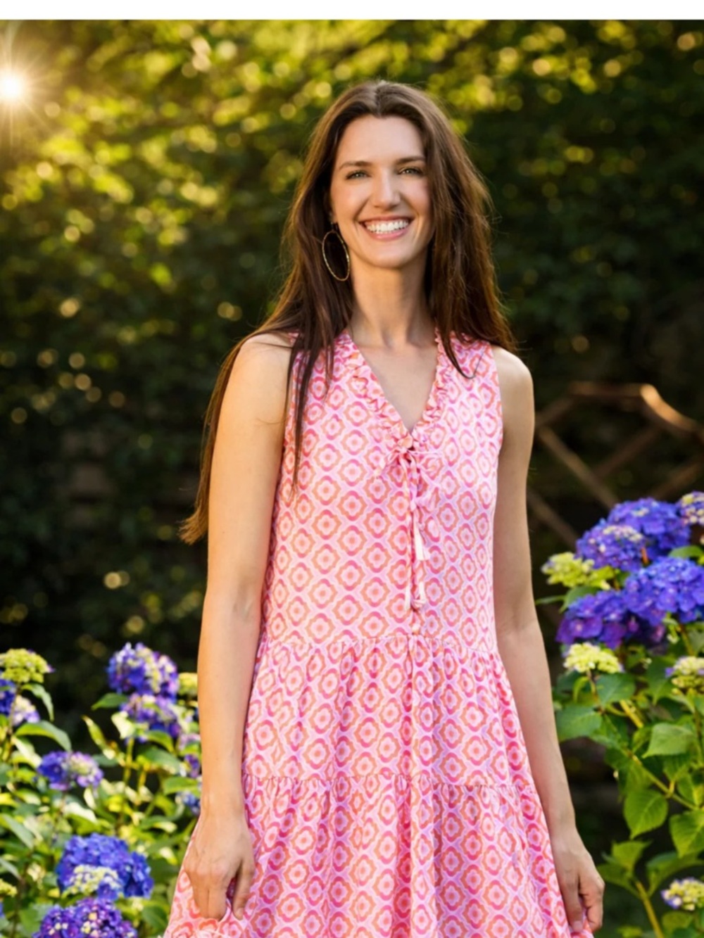 Sleeveless Pink Geo Print Tie-Front Sundress